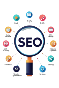 SEO services illustration showing search engine optimization, keyword research, link building, website optimization, and traffic growth strategy