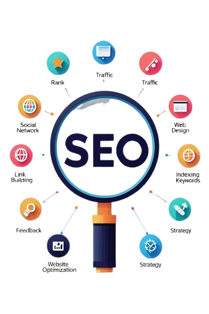 SEO services illustration showing search engine optimization, keyword research, link building, website optimization, and traffic growth strategy